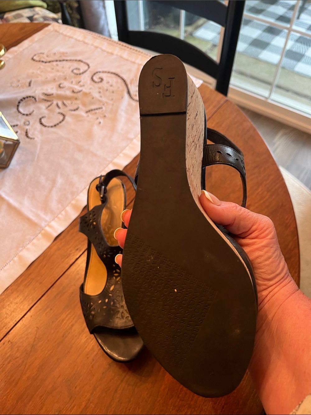Franco Sarto Black Laser-Cut Peep-Toe Slingback Heels - Picture 2 of 6